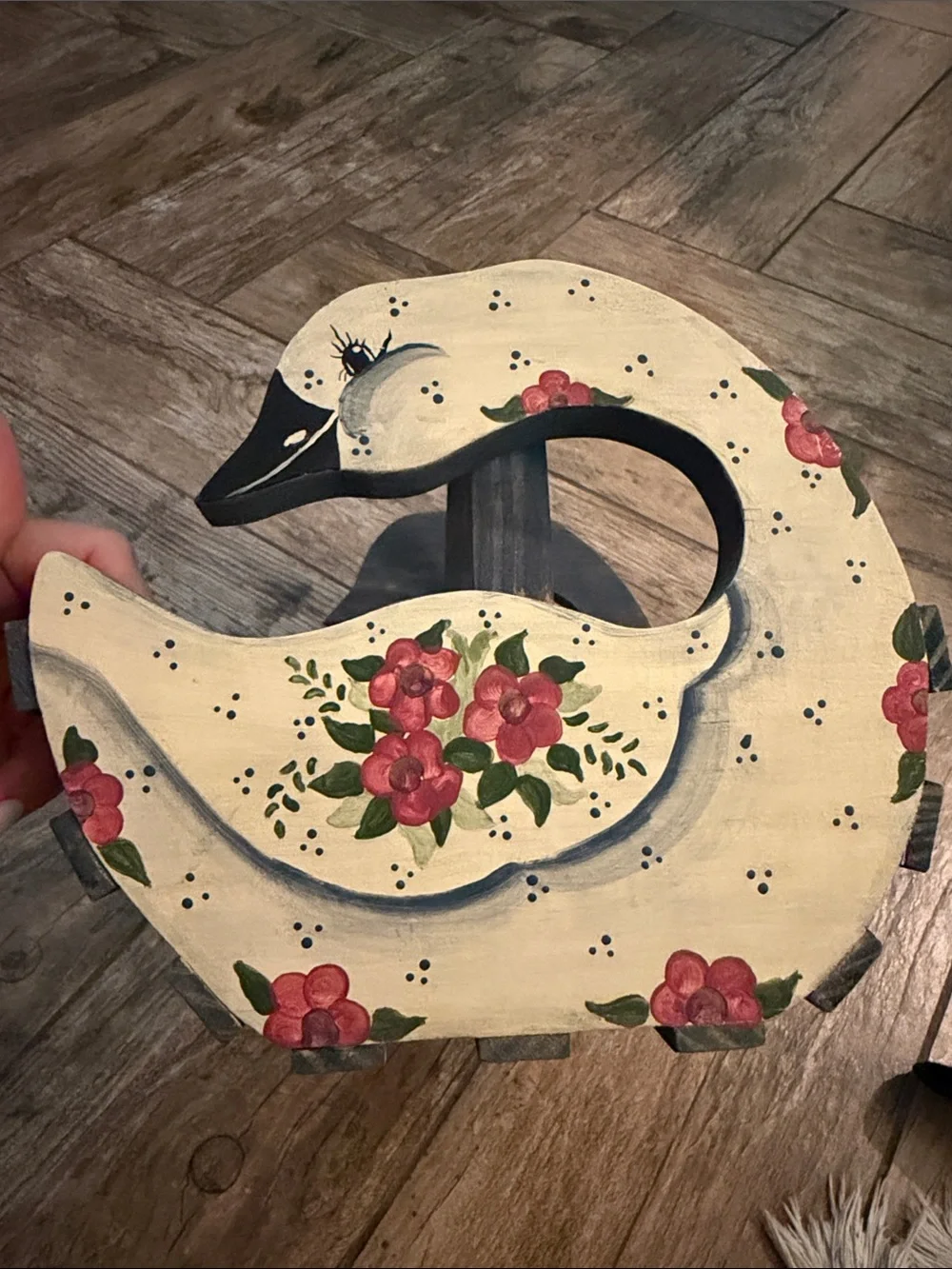 Vintage Wooden hand painted Goose Basket with handle blue